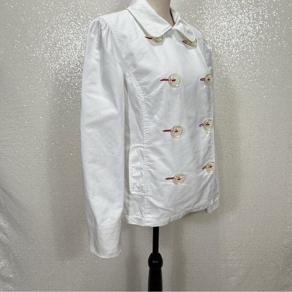 Old Navy White Double-Breasted Cotton Jacket with Red Stitching – Size Large - Picture 11 of 13